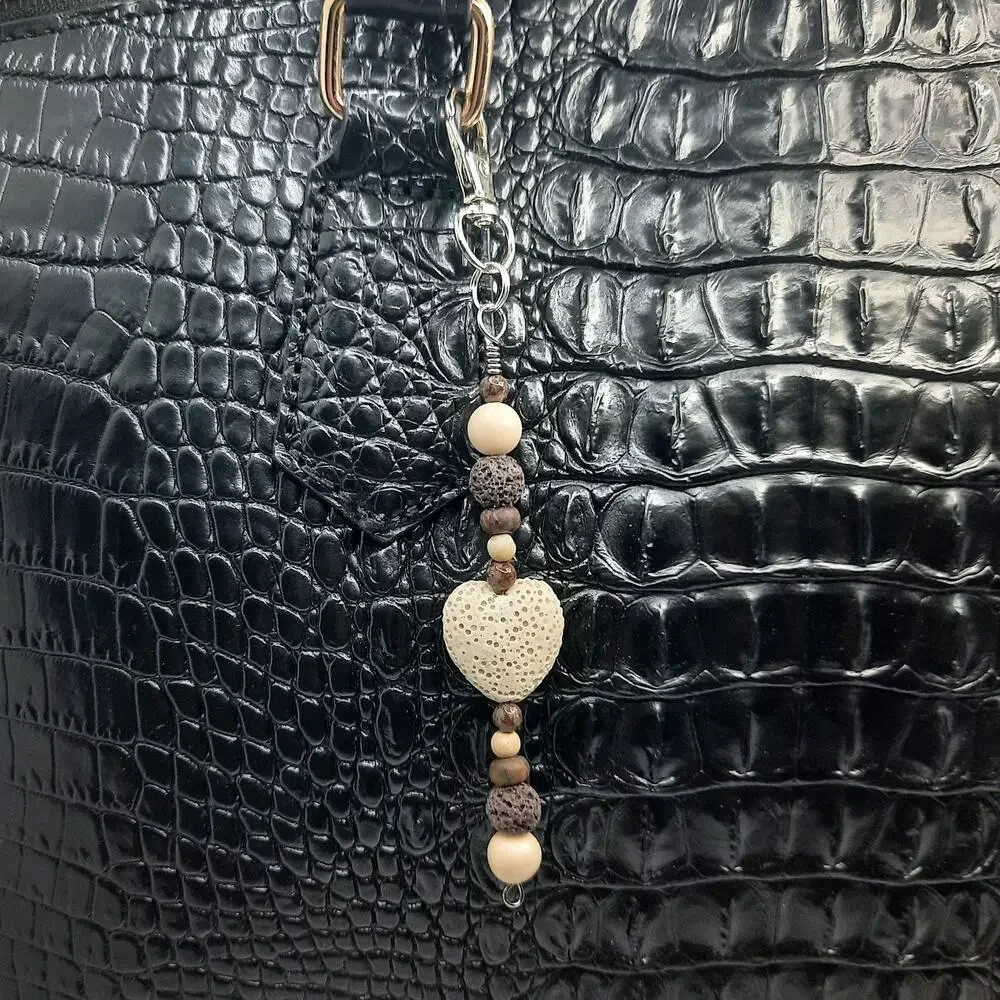 Handmade Beaded Diffuser Bag Charm Large Cream Lava Heart Gemstone Keychain NEW